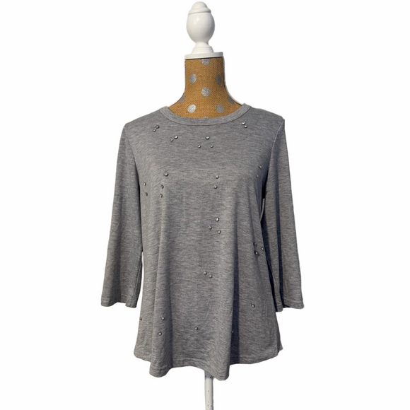 Stem & Vine Tops - Gray Embellished 3/4 Sleeve Women's Top
